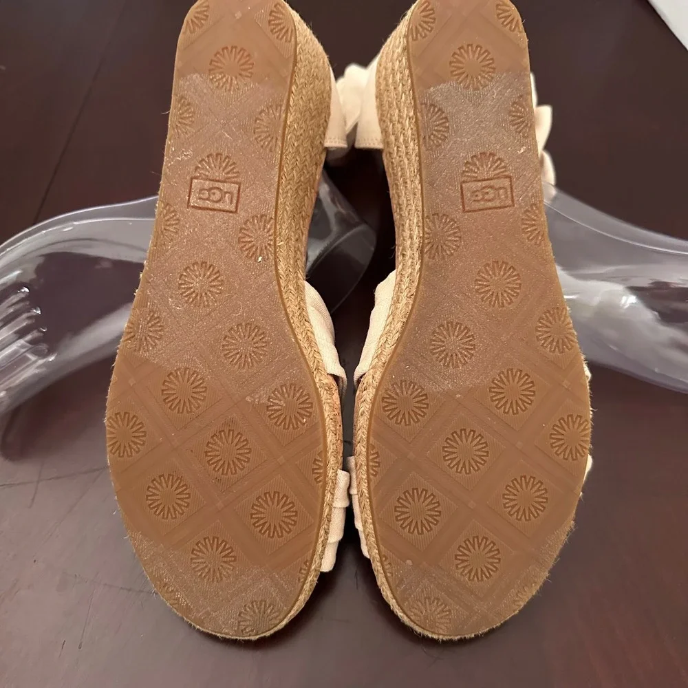 UGG Espadrille Wedge Sandals Womens 9 Cream Bow Ankle Strap Cork Jute Summer